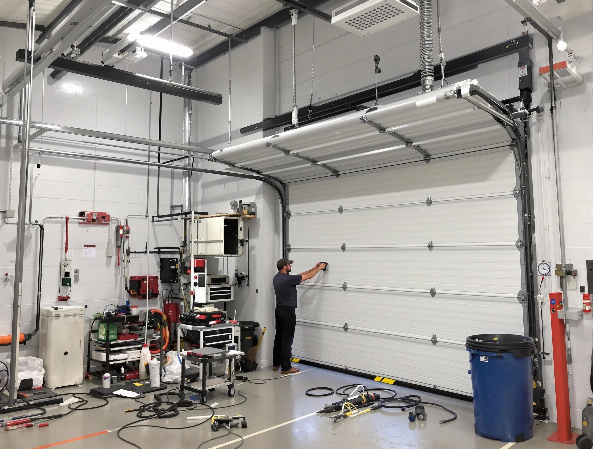 Westfield Garage Door Repair certified technician performing commercial door repair at a Westfield business facility