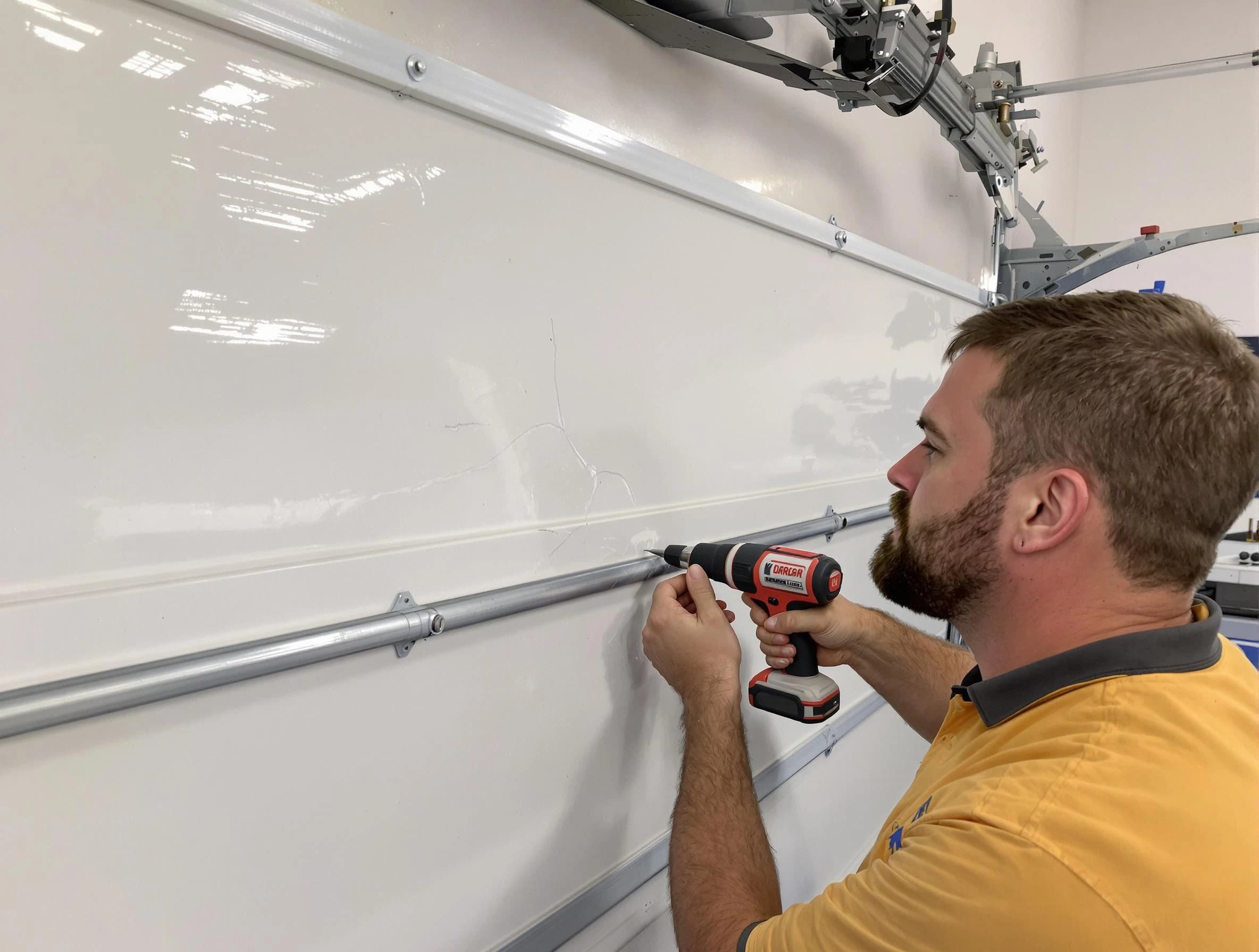 Westfield Garage Door Repair expert performing dent repair on garage door in Westfield