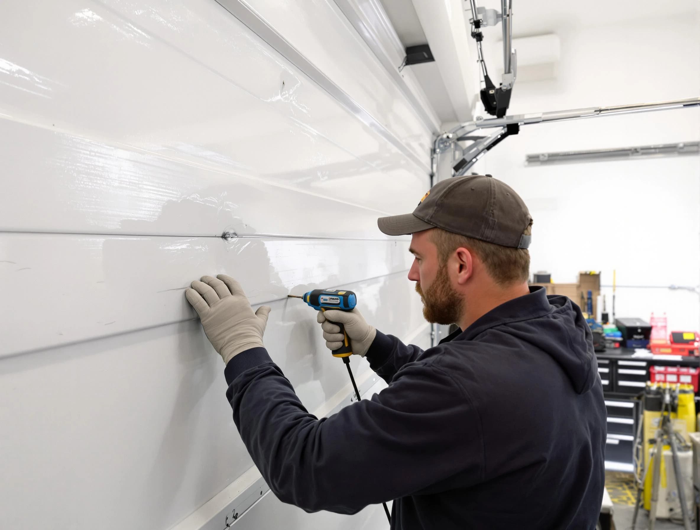 Westfield Garage Door Repair technician demonstrating precision dent removal techniques on a Westfield garage door