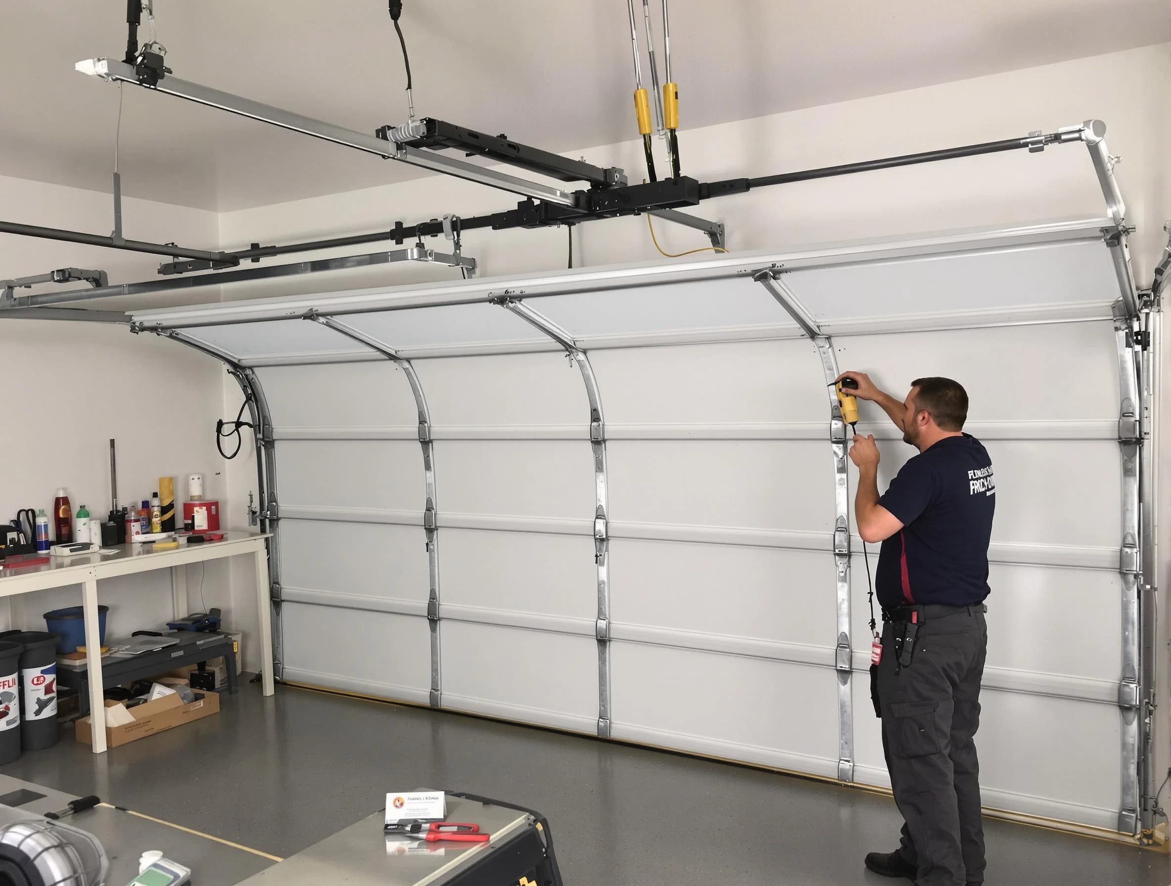 Westfield Garage Door Repair certified technician performing overhead door system repair in Westfield